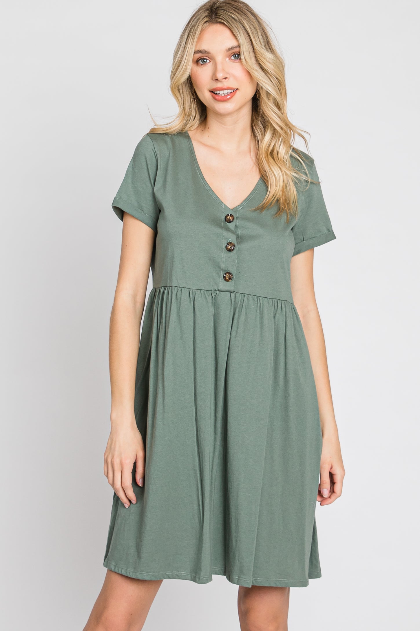 Olive Button Front Basic Maternity Dress