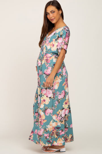 Jade Floral Wrap Front Waist Tie Maternity Maxi Dress