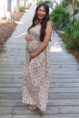 Beige Floral Sleeveless Tiered Maternity Maxi Dress