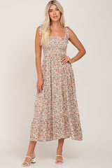 Beige Floral Sleeveless Tiered Maxi Dress