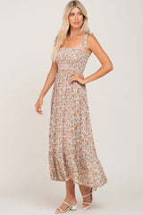 Beige Floral Sleeveless Tiered Maxi Dress