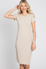 Beige Ribbed Fitted Dress