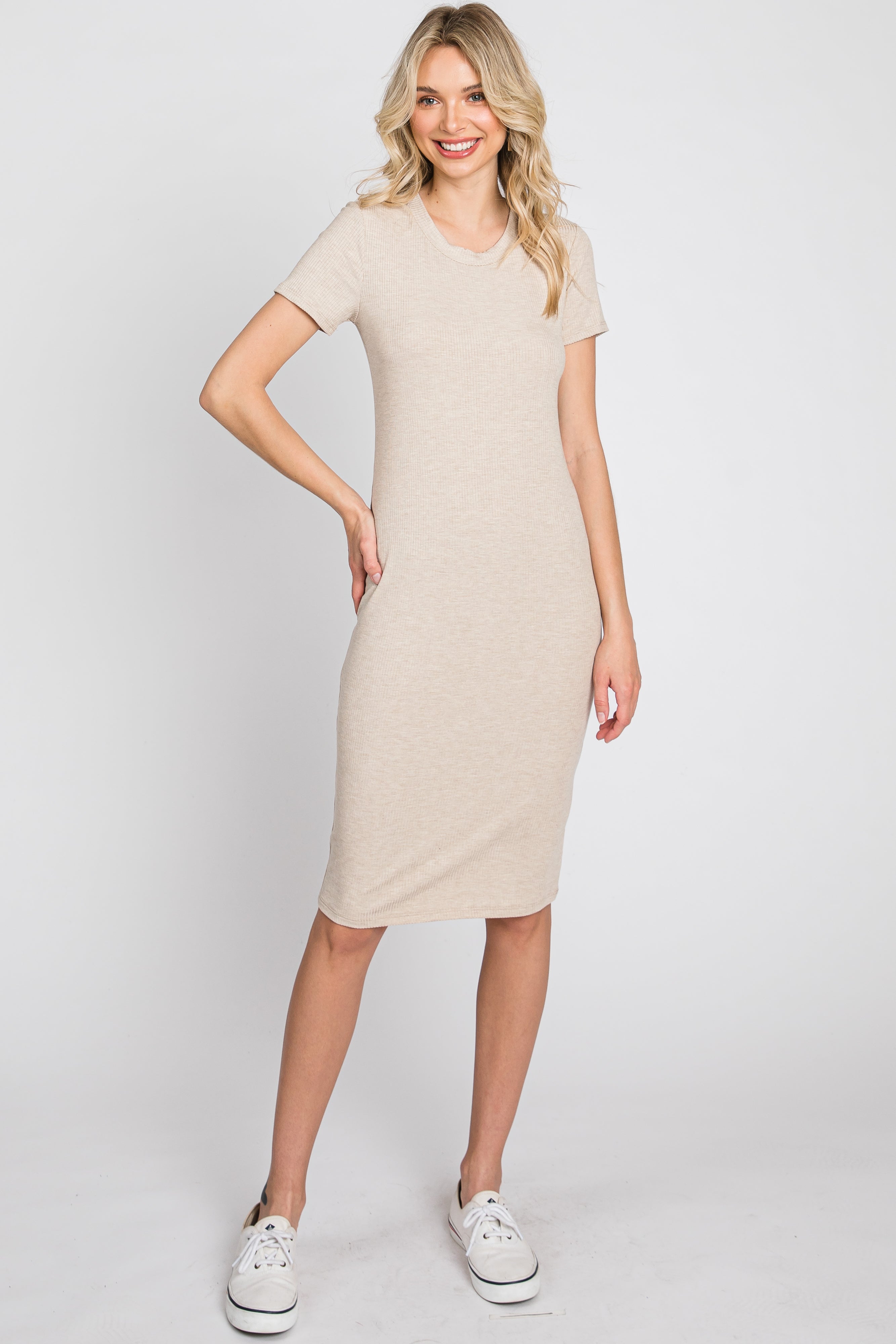 Beige Ribbed Fitted Maternity Dress – PinkBlush
