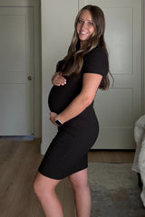 Black Ribbed Fitted Maternity Dress