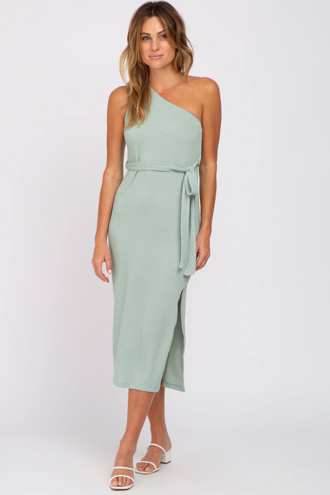 Mint Green Ribbed One Shoulder Side Slit Midi Dress XL Mint Green Ribbed One Shoulder Side Slit Midi Dress XL