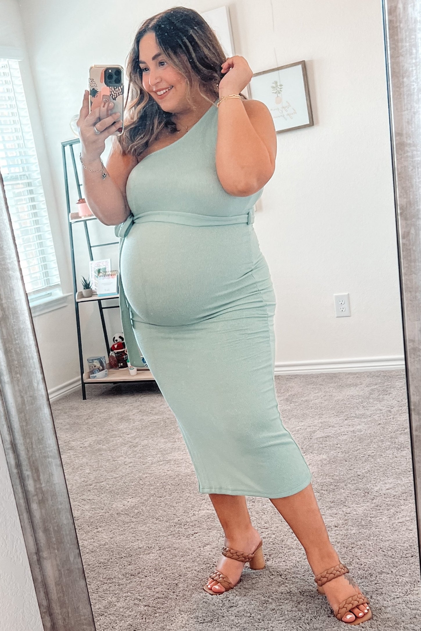 Mint Green Ribbed One Shoulder Side Slit Maternity Midi Dress PinkBlush Mint Green Ribbed One Shoulder Side Slit Maternity Midi Dress PinkBlush