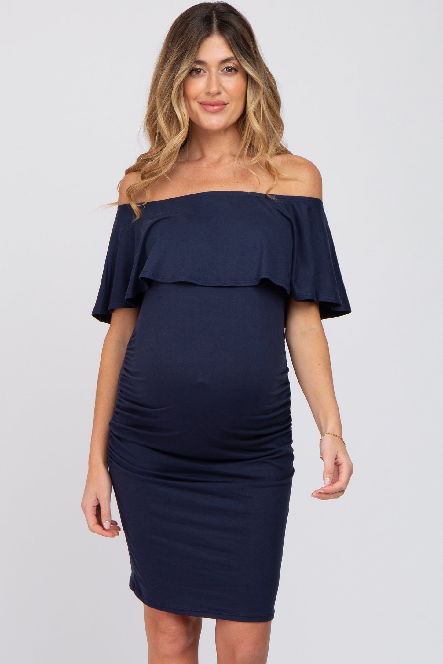 off the shoulder fitted maternity dress Sage Off Shoulder Fitted Maternity Dress