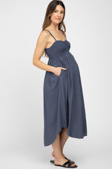 Navy Maternity Smocked Maternity Midi Dress