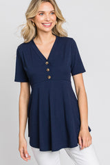 PinkBlush Navy Ribbed Button Accent Blouse