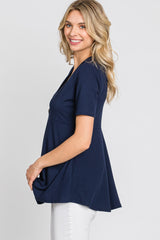 PinkBlush Navy Ribbed Button Accent Blouse