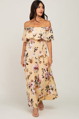 Yellow Floral Off Shoulder Maternity Maxi Dress