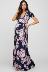 Navy Blue Floral Wrap Maternity/Nursing Maxi Dress