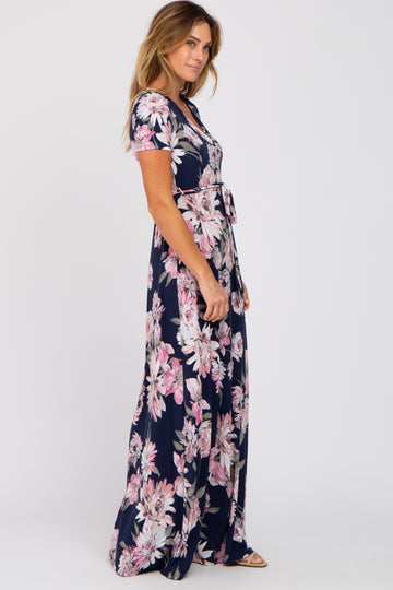 Navy Blue Floral Wrap Nursing Maxi Dress