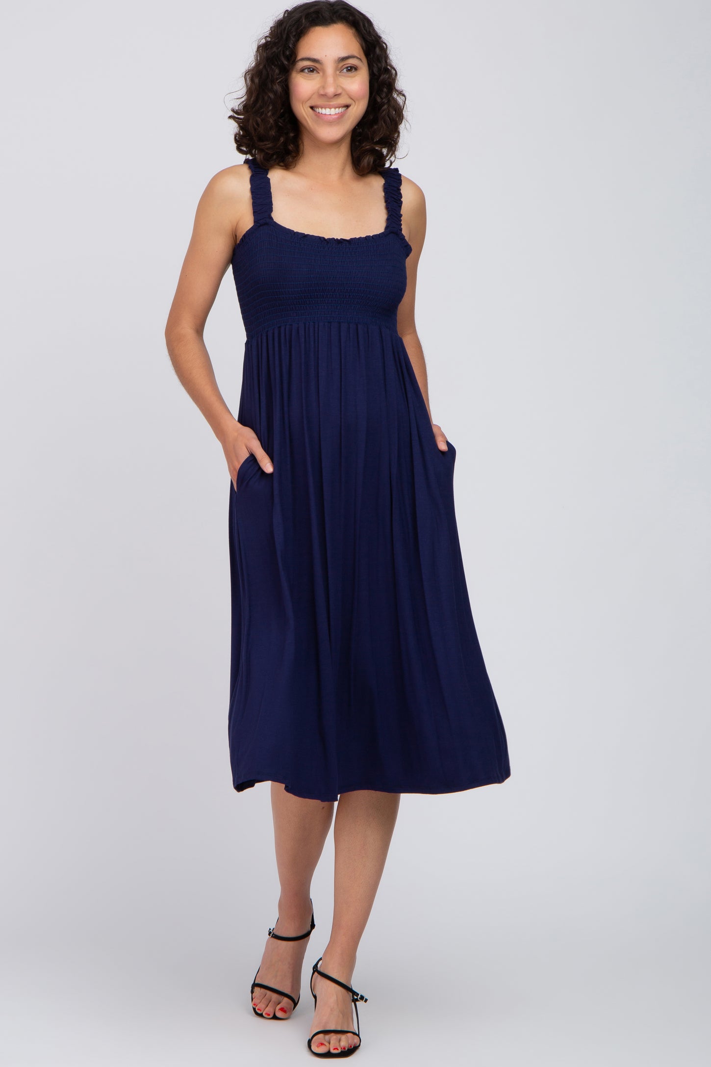 Navy Smocked Ruffle Strap Maternity Midi Dress