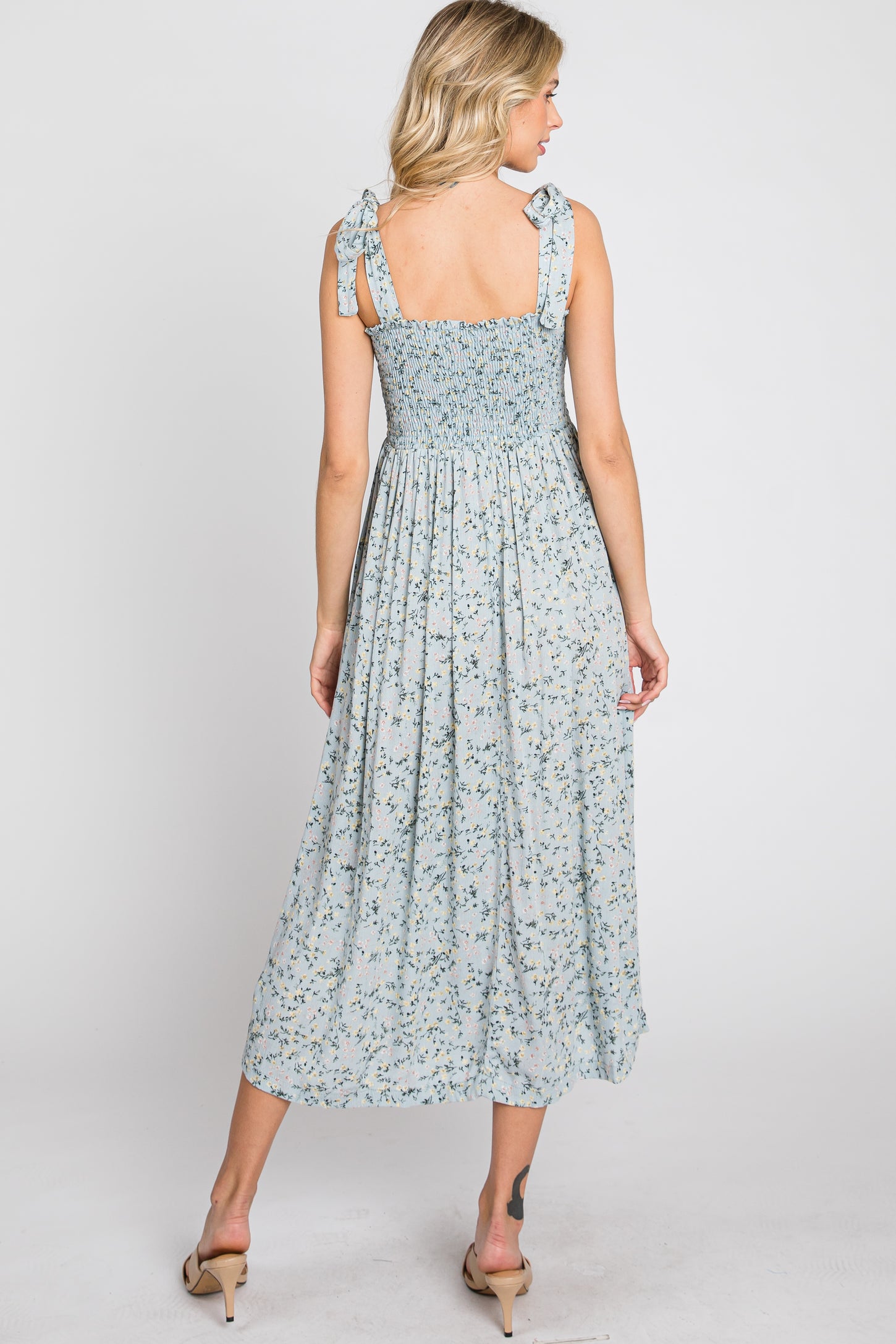 Light Blue Floral Smocked Tie Strap Midi Dress