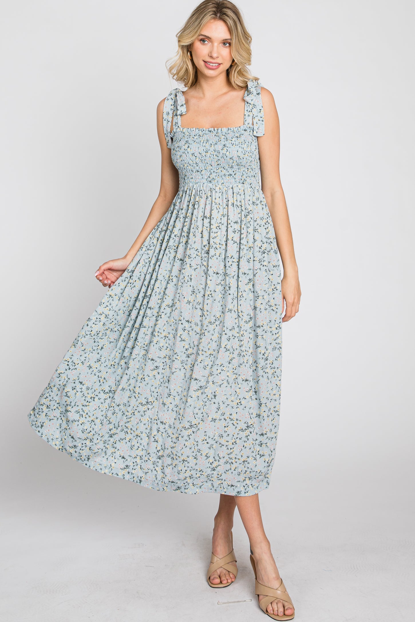 Light Blue Floral Smocked Tie Strap Maternity Midi Dress Large Light Blue Floral Smocked Tie Strap Maternity Midi Dress Large