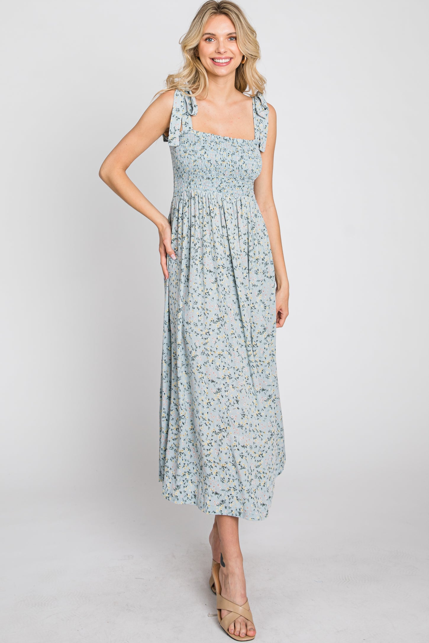 Light Blue Floral Smocked Tie Strap Maternity Midi Dress Large Light Blue Floral Smocked Tie Strap Maternity Midi Dress Large