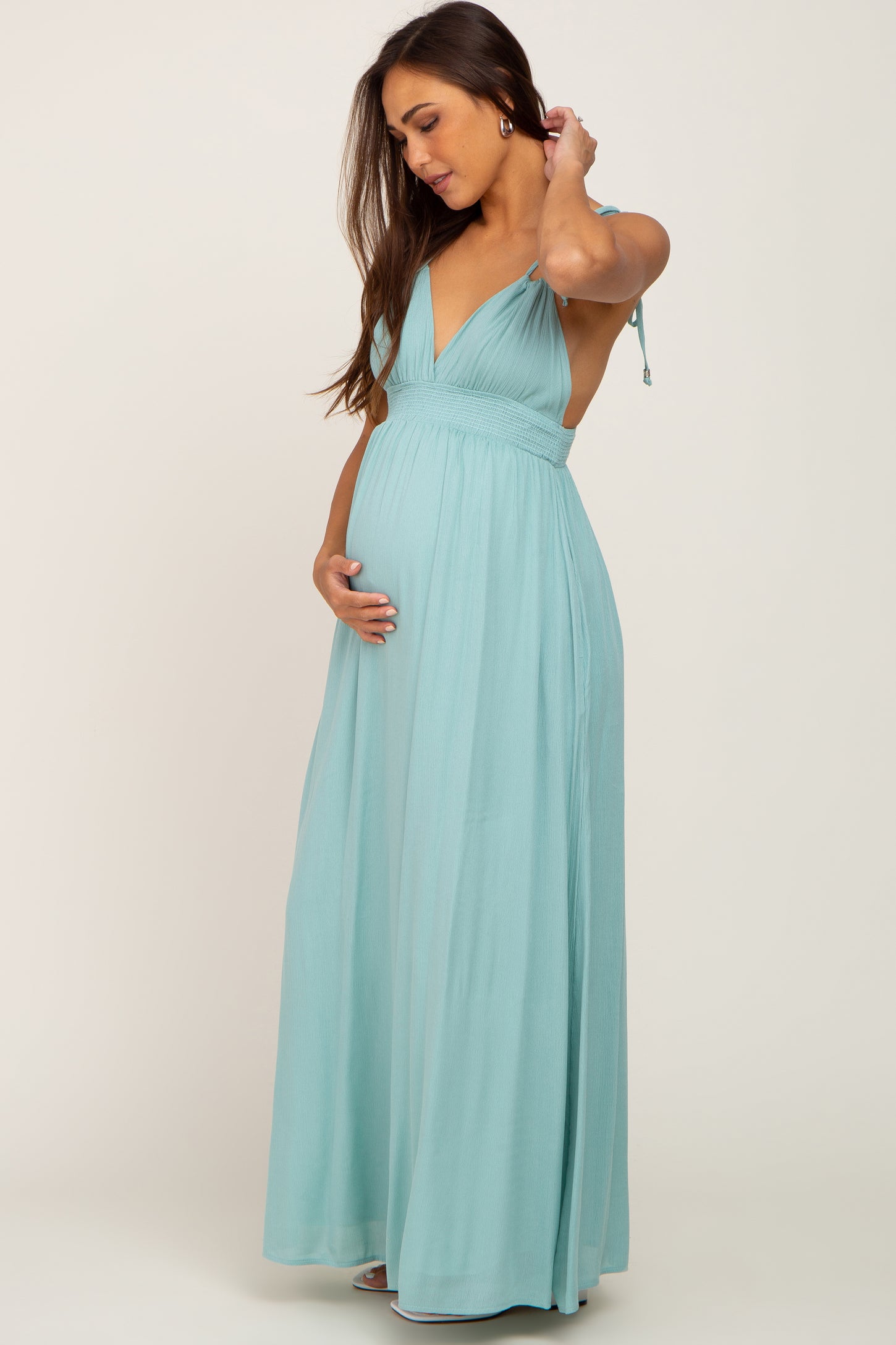 Mint Green Shoulder Tie Open Back Maternity Maxi Dress PinkBlush Mint Green Shoulder Tie Open Back Maternity Maxi Dress PinkBlush