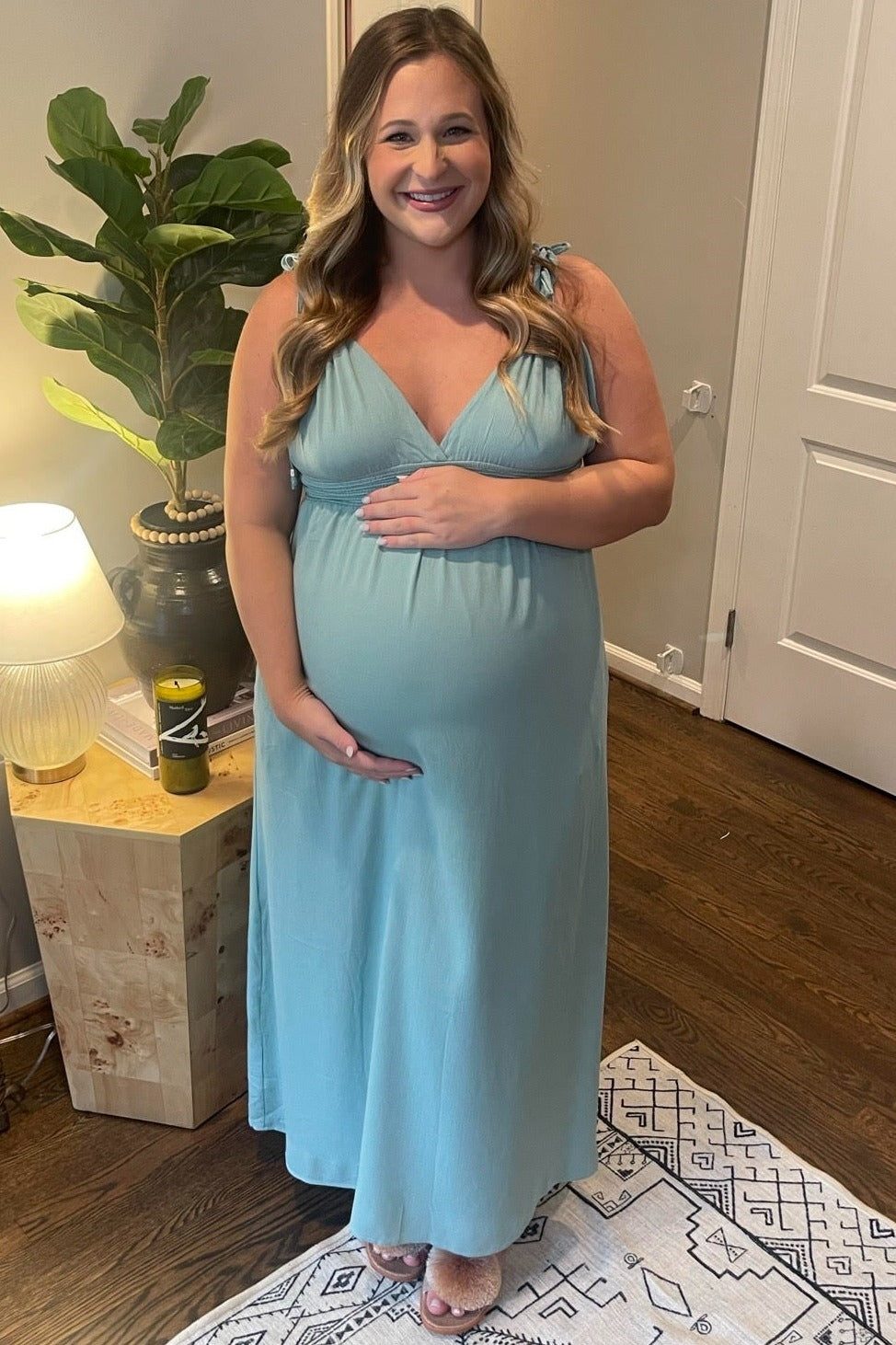 Mint Green Shoulder Tie Open Back Maternity Maxi Dress