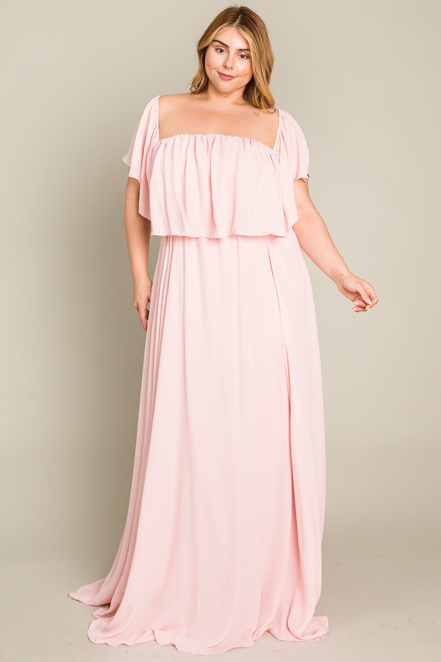 Light Pink Chiffon Off Shoulder Maternity Plus Gown PinkBlush Light Pink Chiffon Off Shoulder Maternity Plus Gown PinkBlush