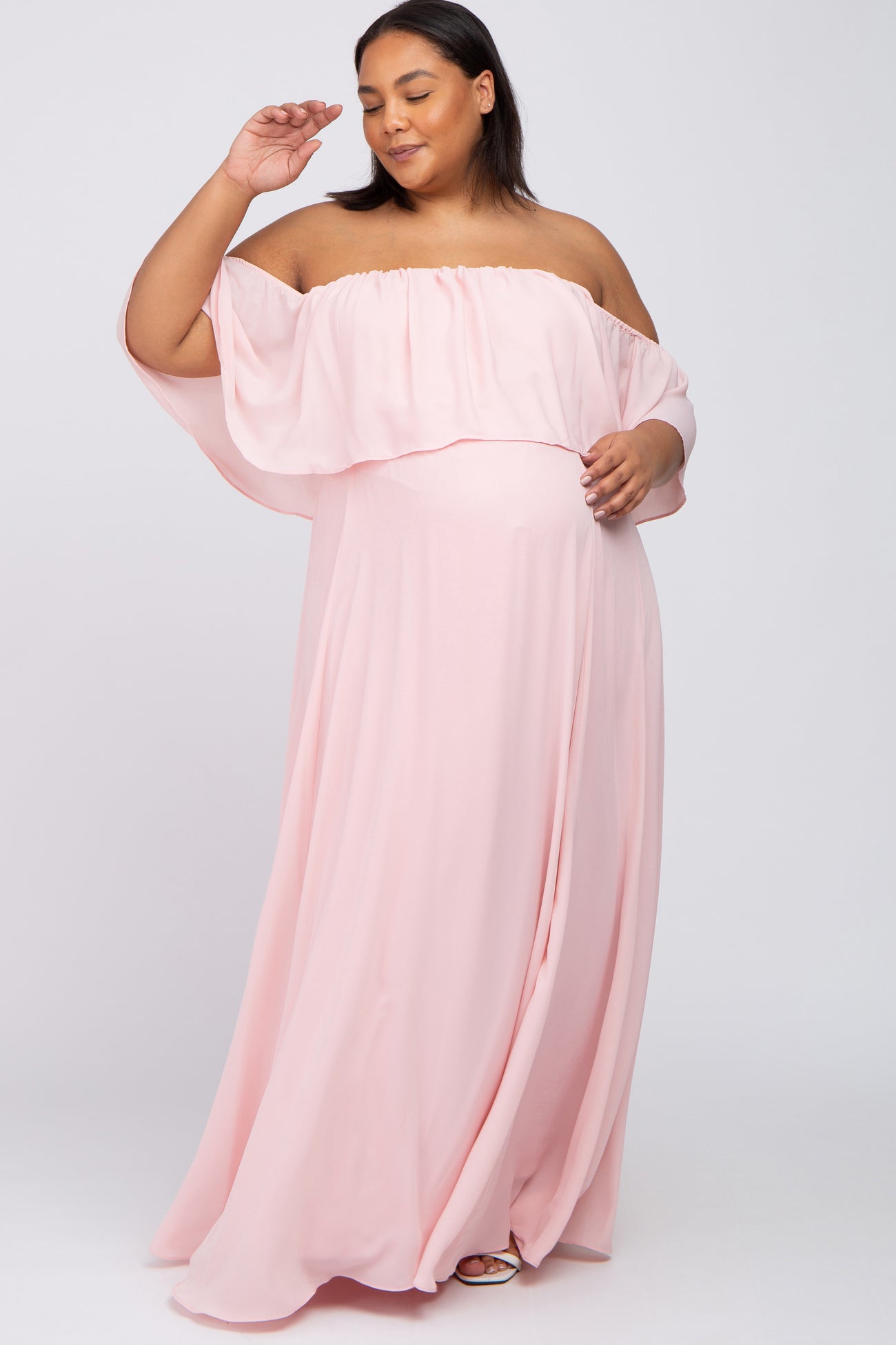 Light Pink Chiffon Off Shoulder Maternity Plus Gown – PinkBlush
