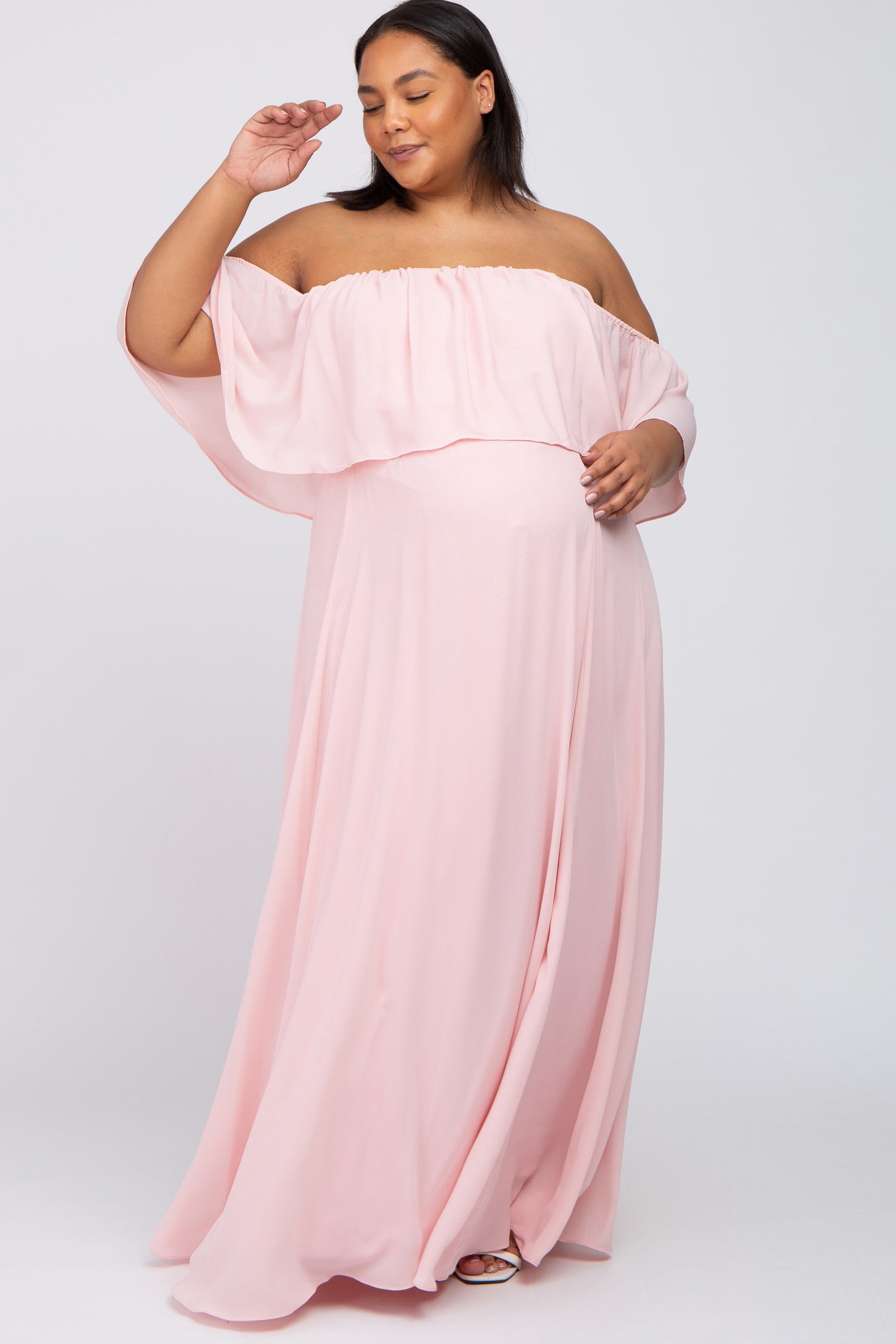 Light Pink Chiffon Off Shoulder Maternity Plus Gown Light Pink Chiffon Off Shoulder Maternity Plus Gown
