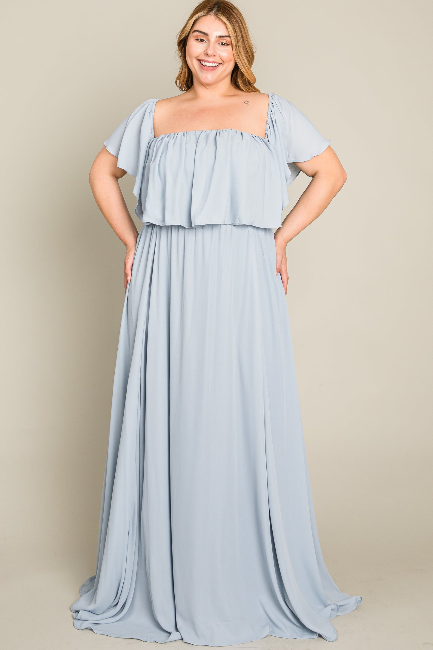 Light Blue Chiffon Off Shoulder Plus Gown