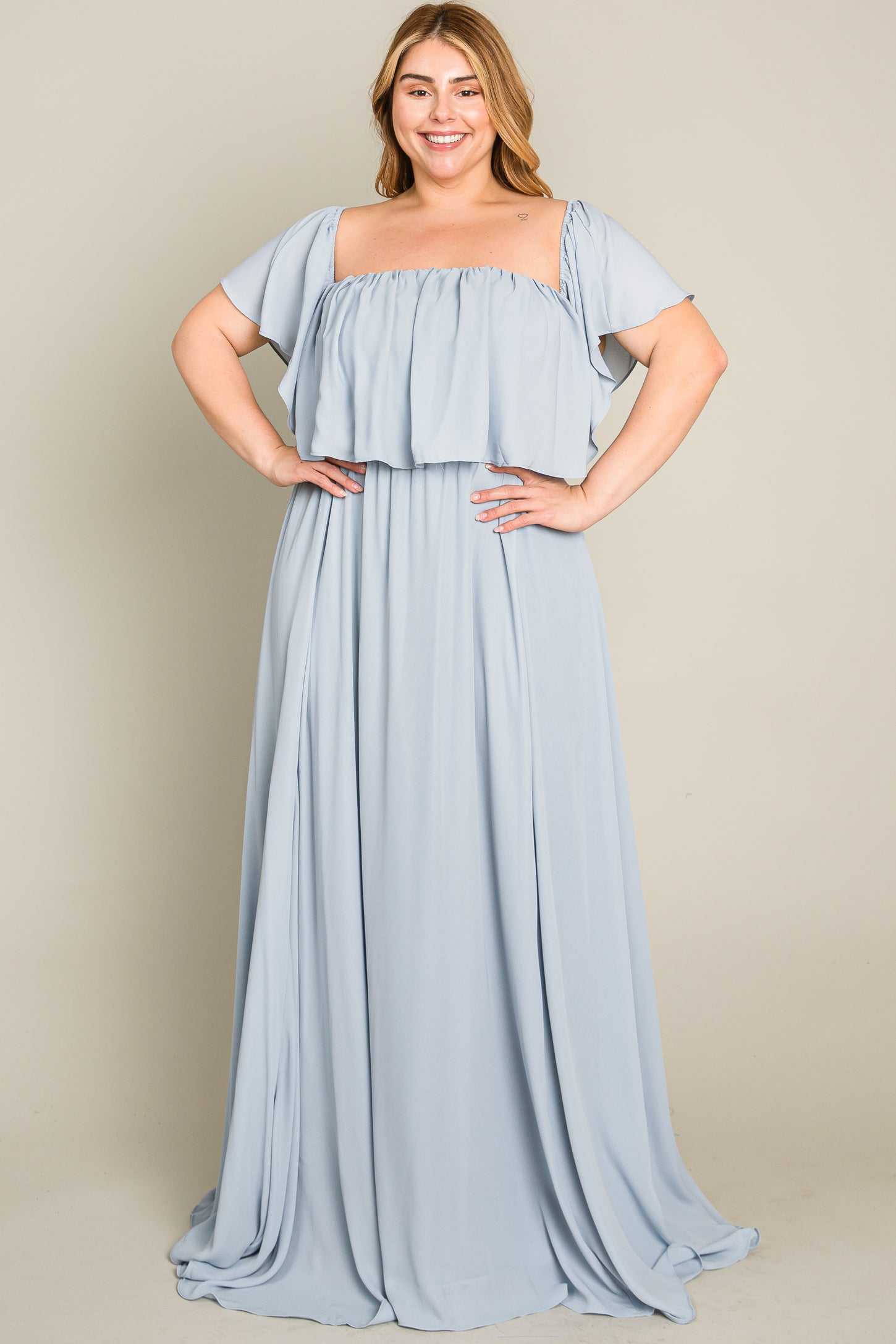 Light Blue Chiffon Off Shoulder Plus Gown