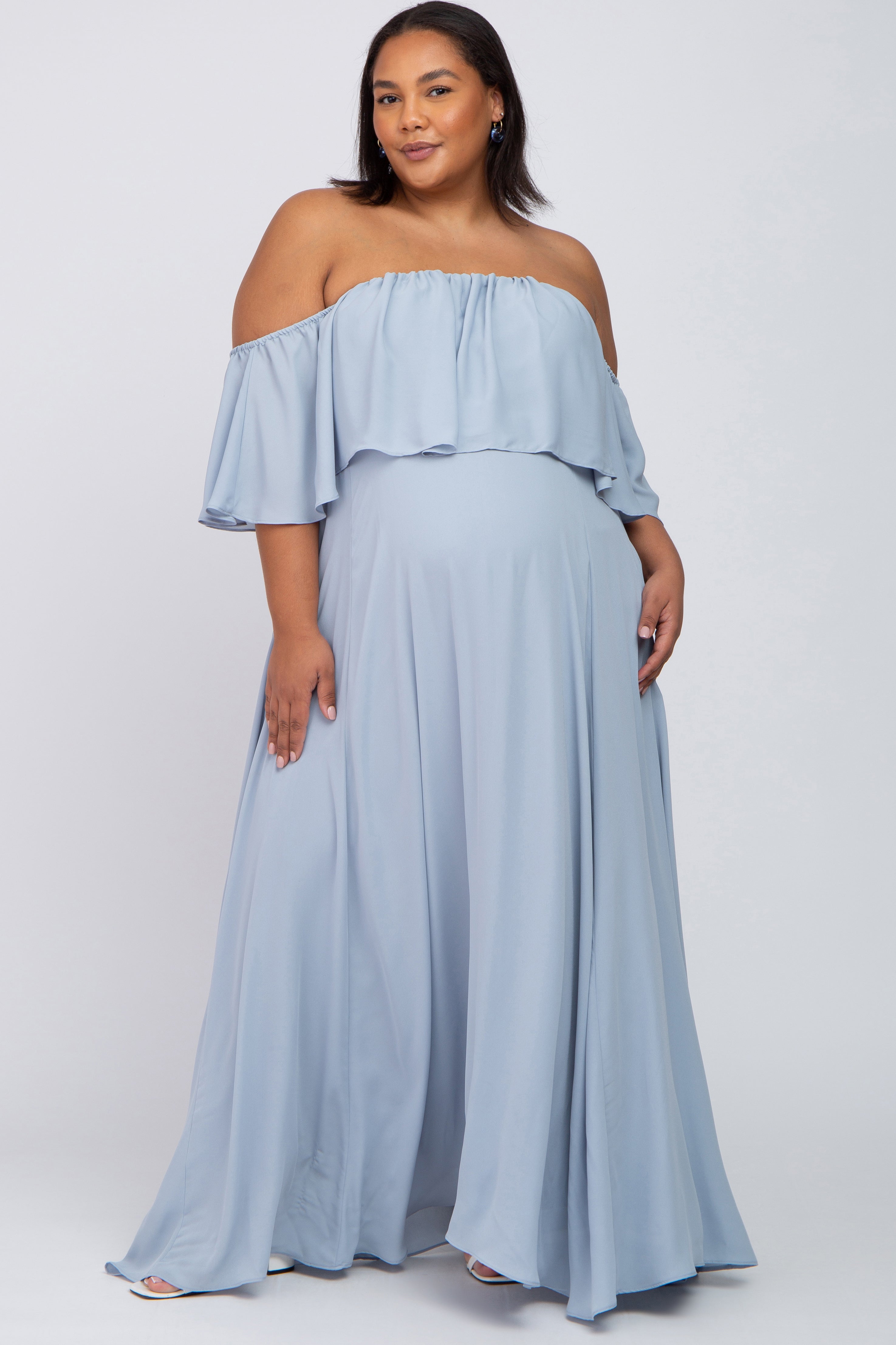 Light Blue Chiffon Off Shoulder Maternity Plus Gown – PinkBlush