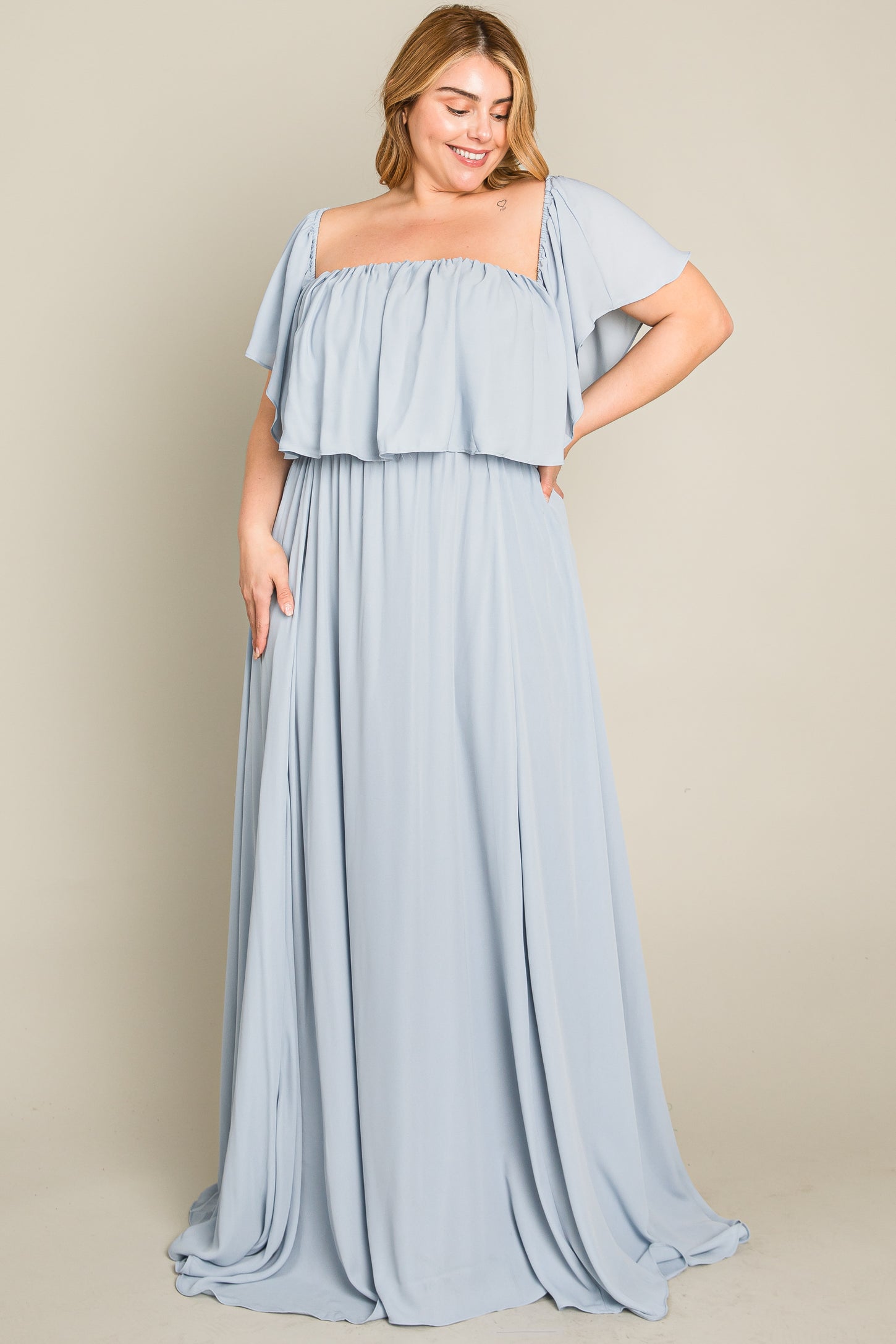 Light Blue Chiffon Off Shoulder Plus Gown