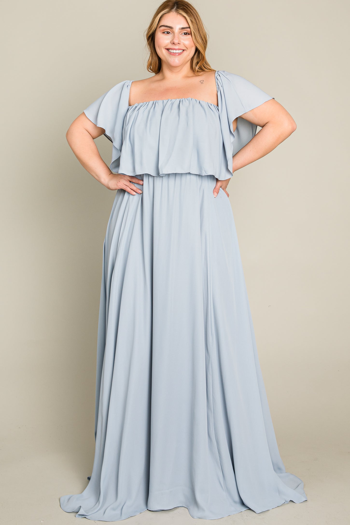 Light Blue Chiffon Off Shoulder Plus Gown