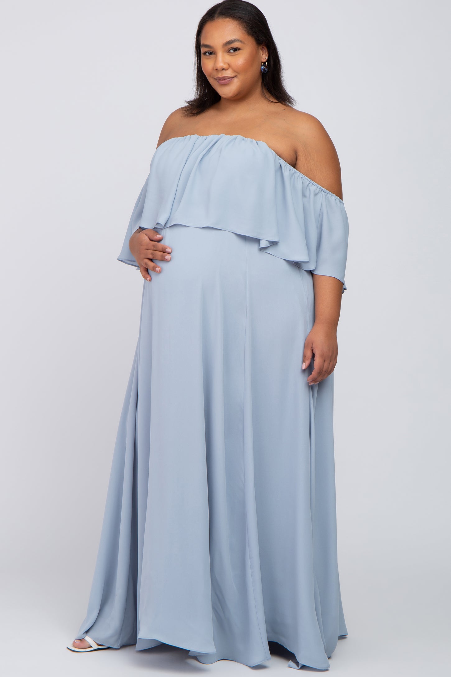 Light Blue Chiffon Off Shoulder Maternity Plus Gown PinkBlush Light Blue Chiffon Off Shoulder Maternity Plus Gown PinkBlush