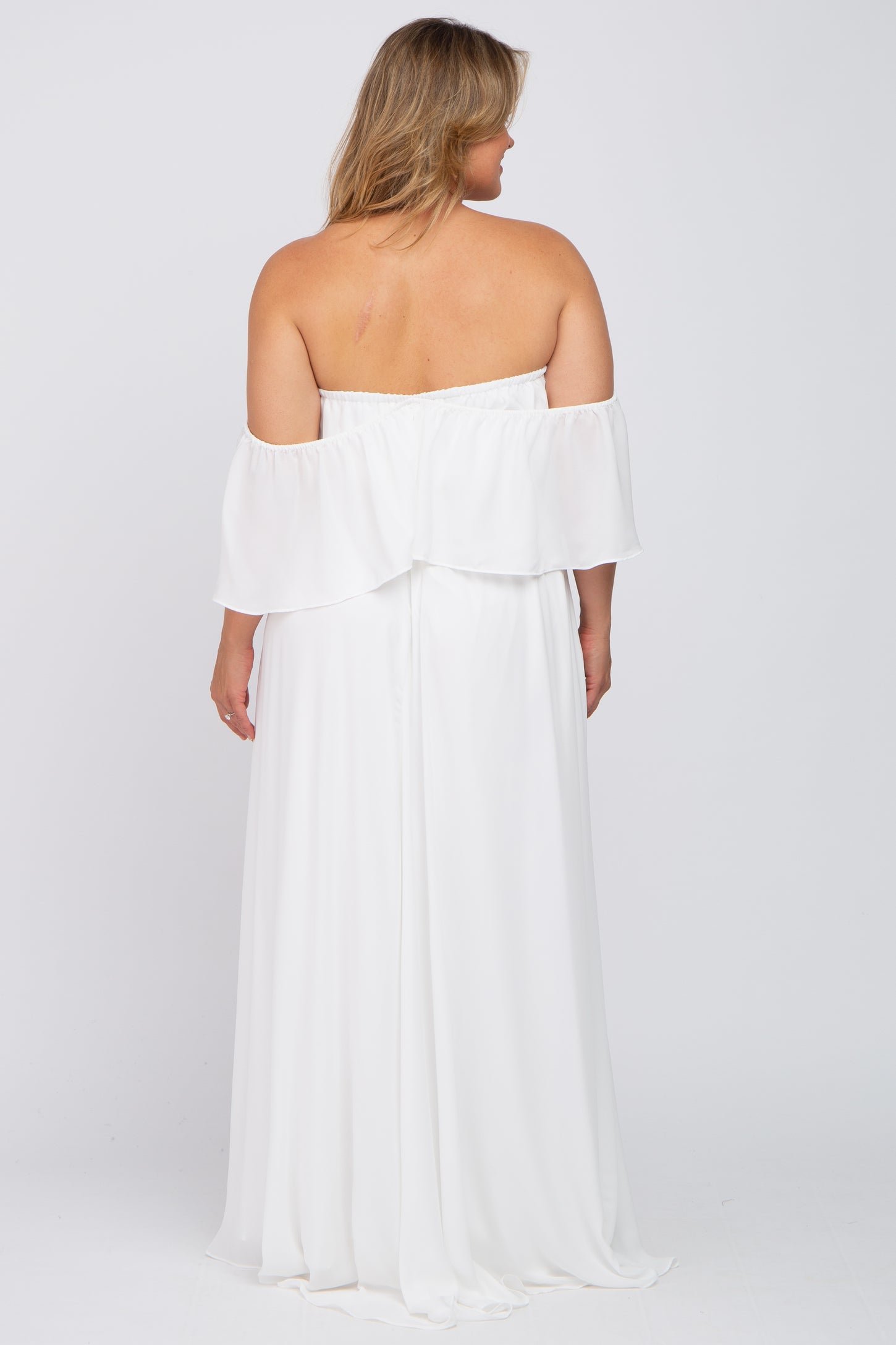 White Chiffon Off Shoulder Maternity Plus Gown