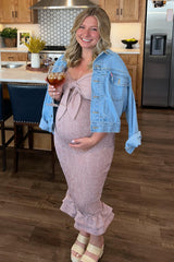 Mauve Gingham Print Smocked Fitted Self-Tie Maternity Midi Dress