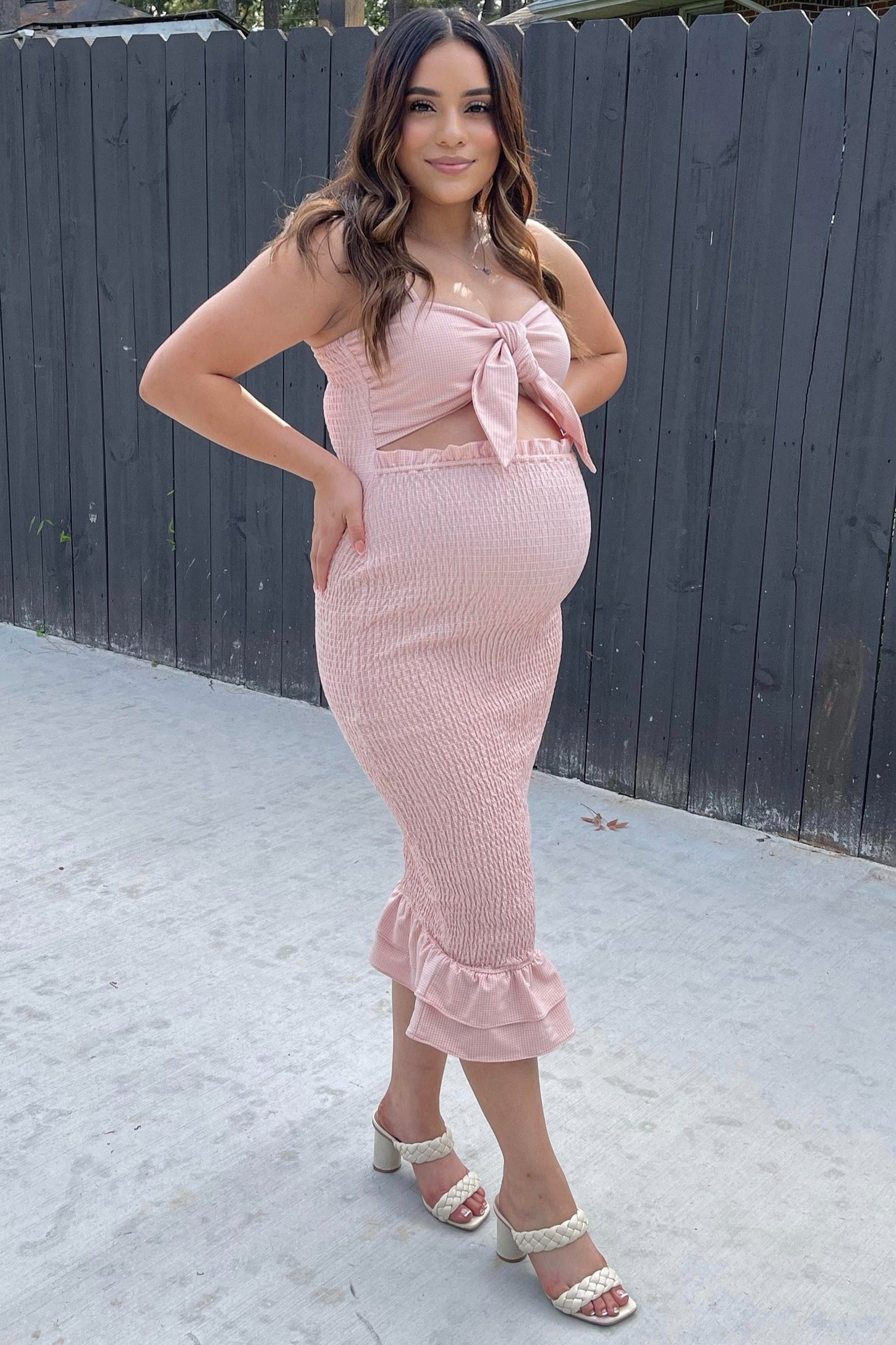 Mauve Gingham Print Smocked Fitted Self-Tie Maternity Midi Dress