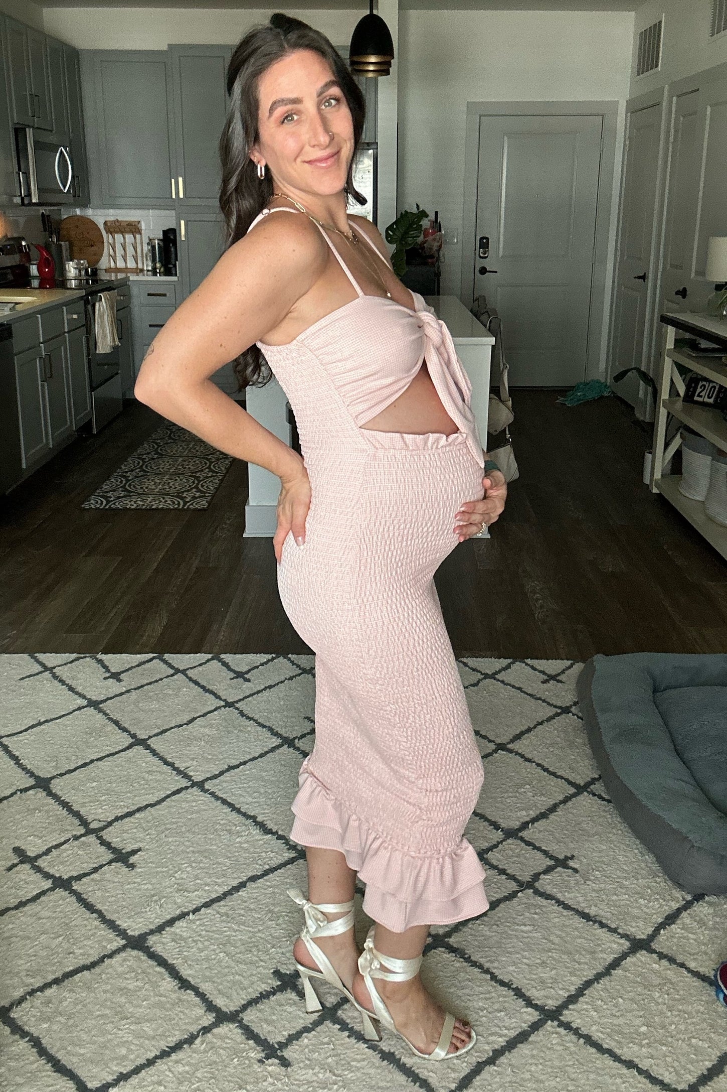 Mauve Gingham Print Smocked Fitted Self-Tie Maternity Midi Dress Small