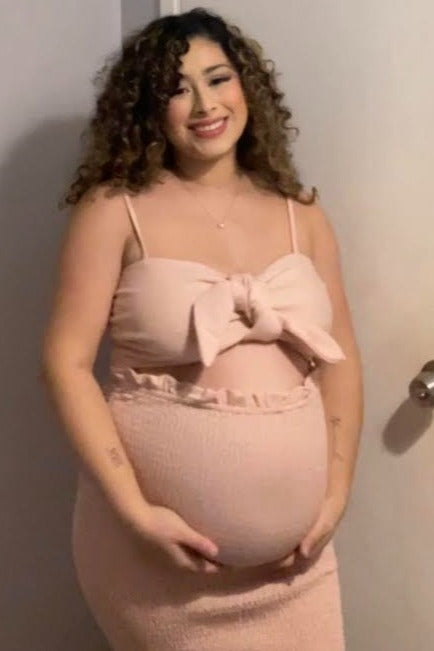 Mauve Gingham Print Smocked Fitted Self-Tie Maternity Midi Dress