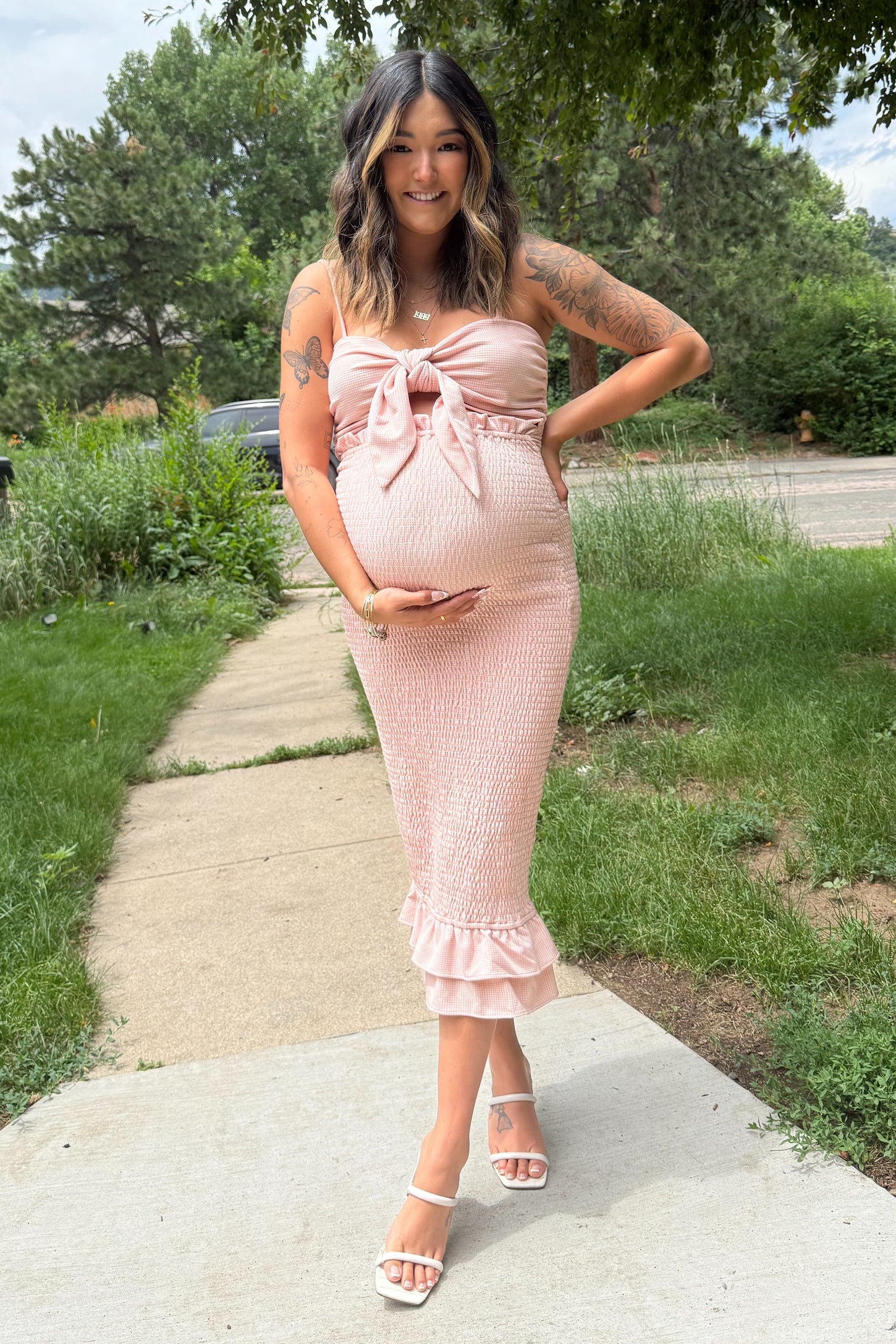 Mauve Gingham Print Smocked Fitted Self-Tie Maternity Midi Dress