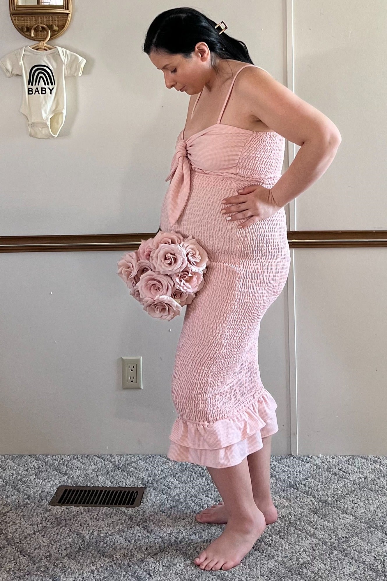 Mauve Gingham Print Smocked Fitted Self-Tie Maternity Midi Dress