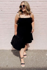 Black Smocked Shoulder Tie Dress