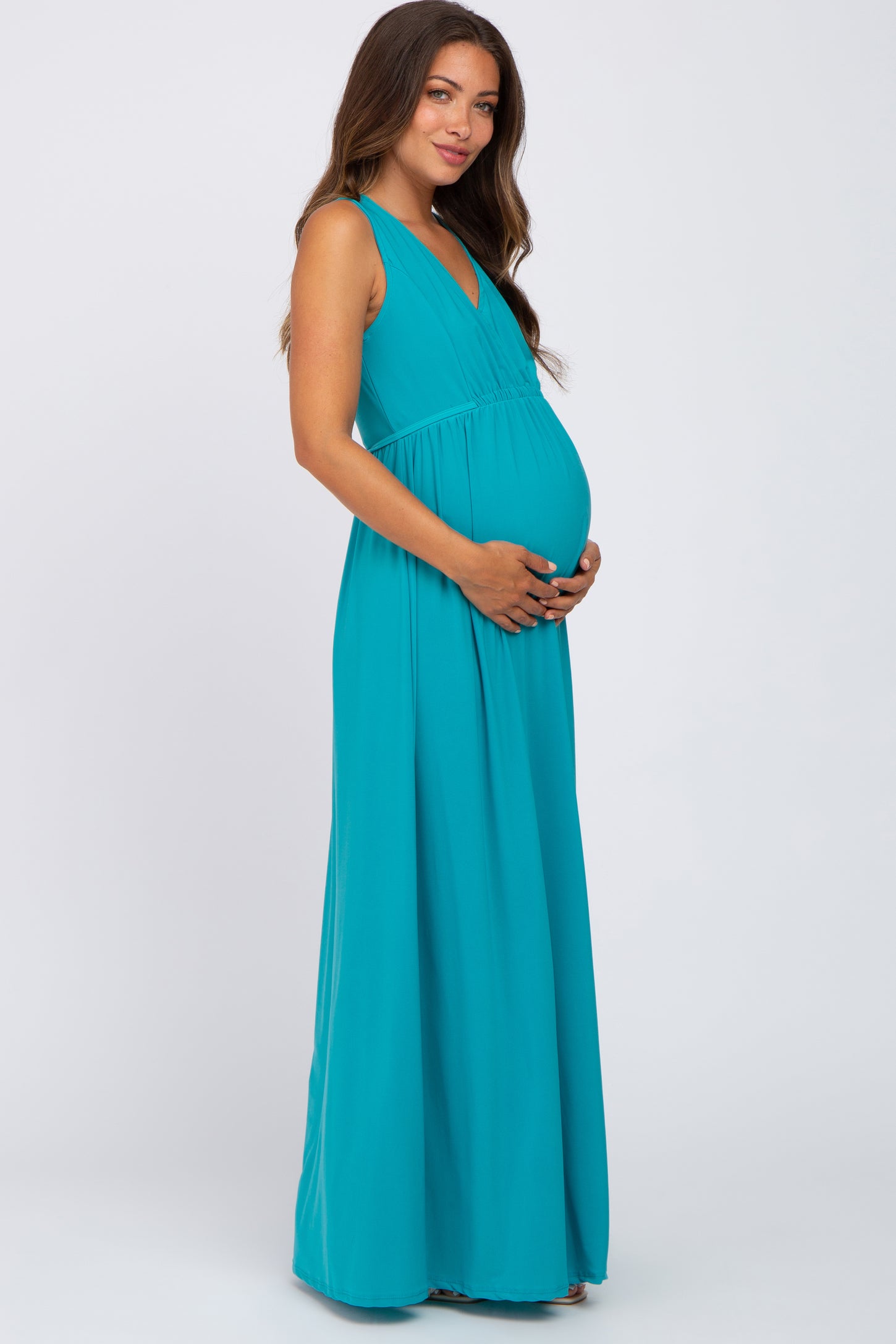 Turquoise V-Neck Sleeveless Maternity Maxi Dress PinkBlush Turquoise V-Neck Sleeveless Maternity Maxi Dress PinkBlush