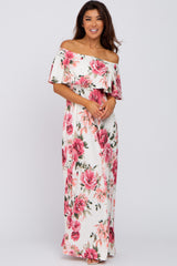 Ivory Floral Off Shoulder Flounce Maternity Maxi Dress