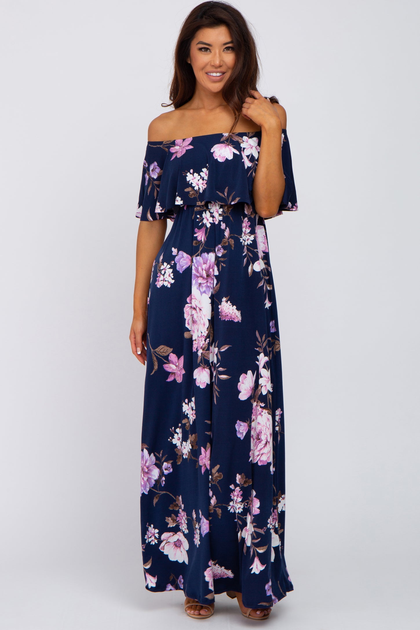 Navy Blue Floral Off Shoulder Maternity Maxi Dress