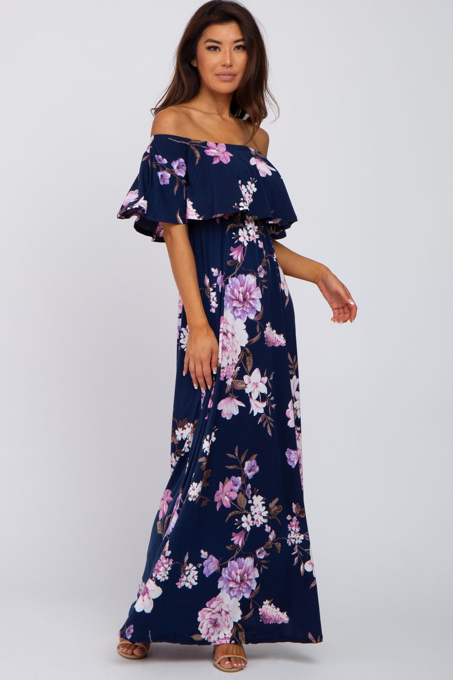 navy floral off the shoulder maxi dress Seabloom Floral Gauri Off Shoulder Maxi Dress COBALT-BLUE / XL by Sugarlips