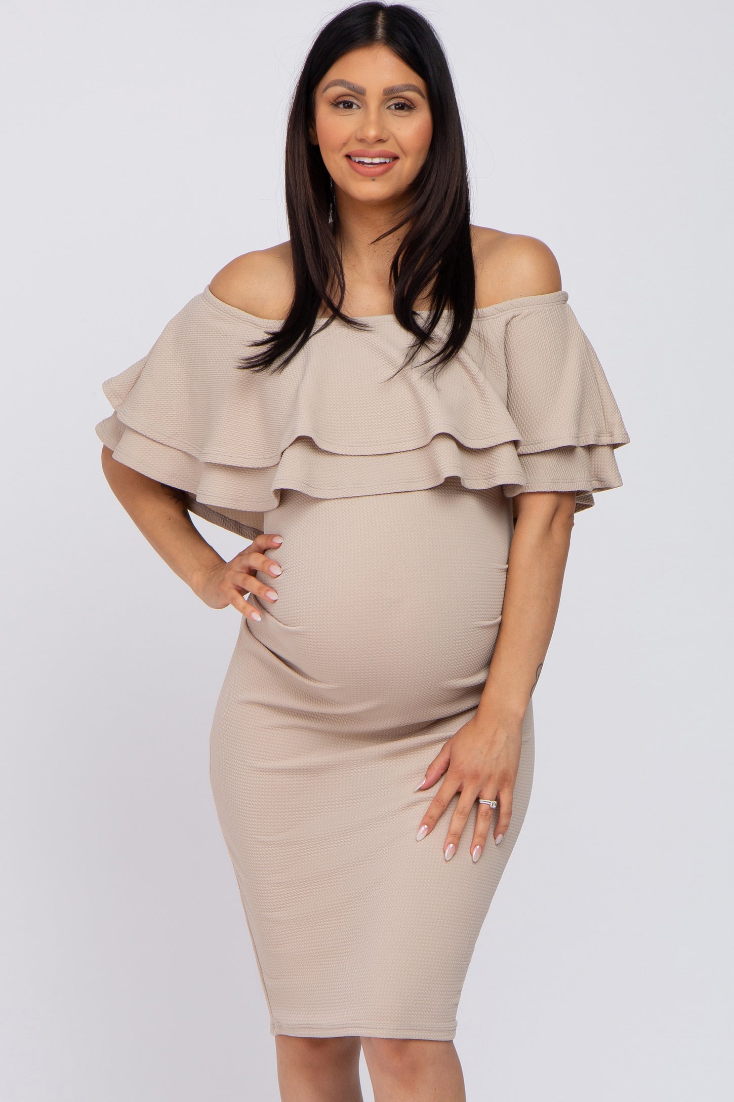 Beige Ruffle Off Shoulder Ruched Maternity Dress– PinkBlush