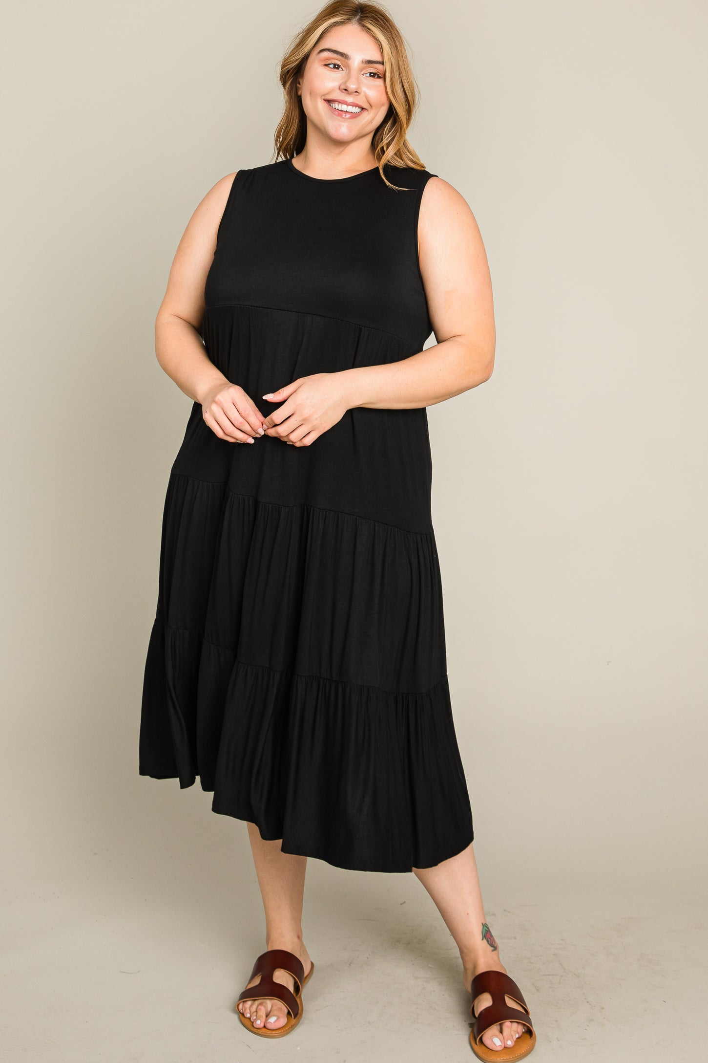 Black Tiered Sleeveless Plus Midi Dress PinkBlush Black Tiered Sleeveless Plus Midi Dress PinkBlush
