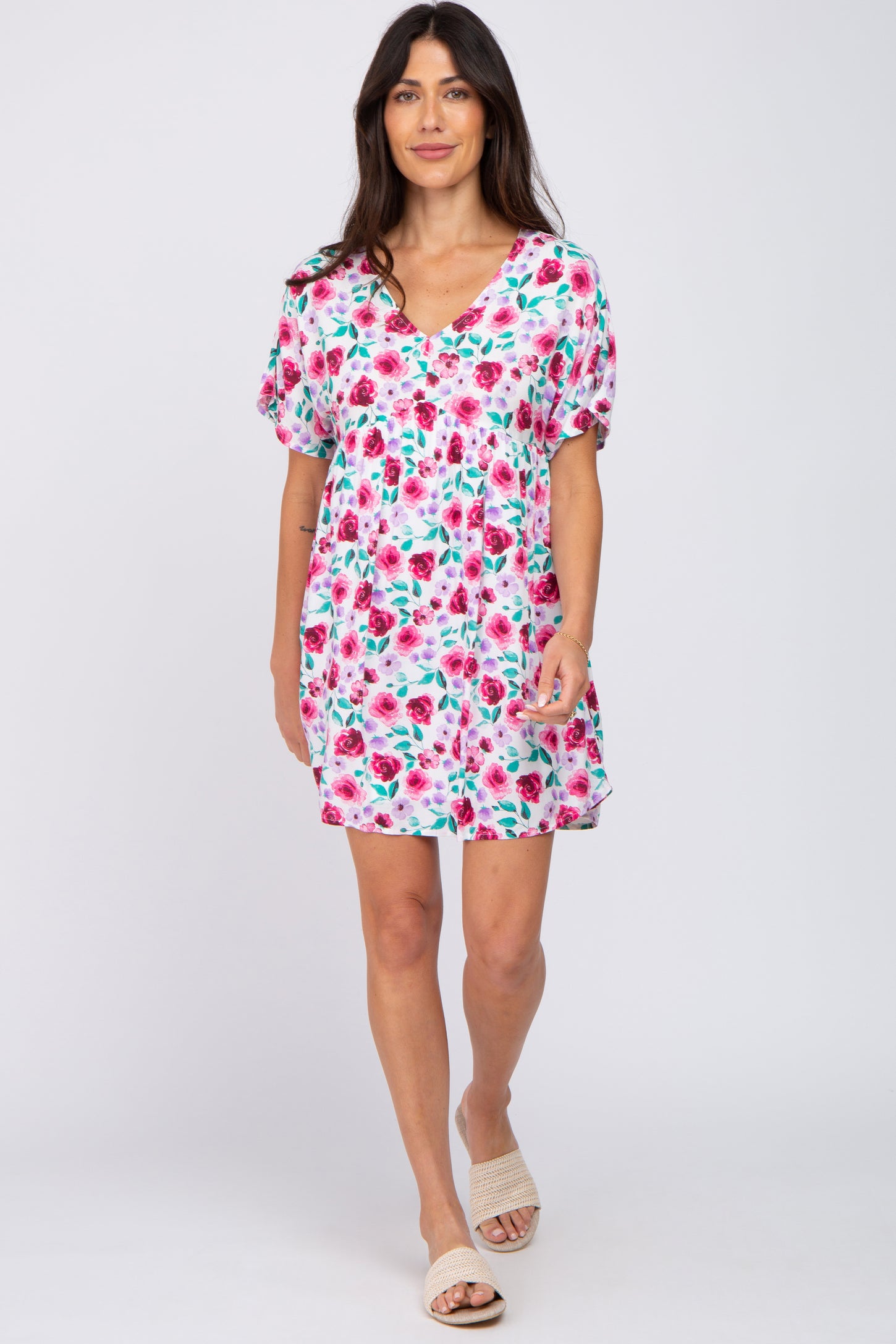 Ivory Floral Short Sleeve Babydoll Dress PinkBlush Ivory Floral Short Sleeve Babydoll Dress PinkBlush