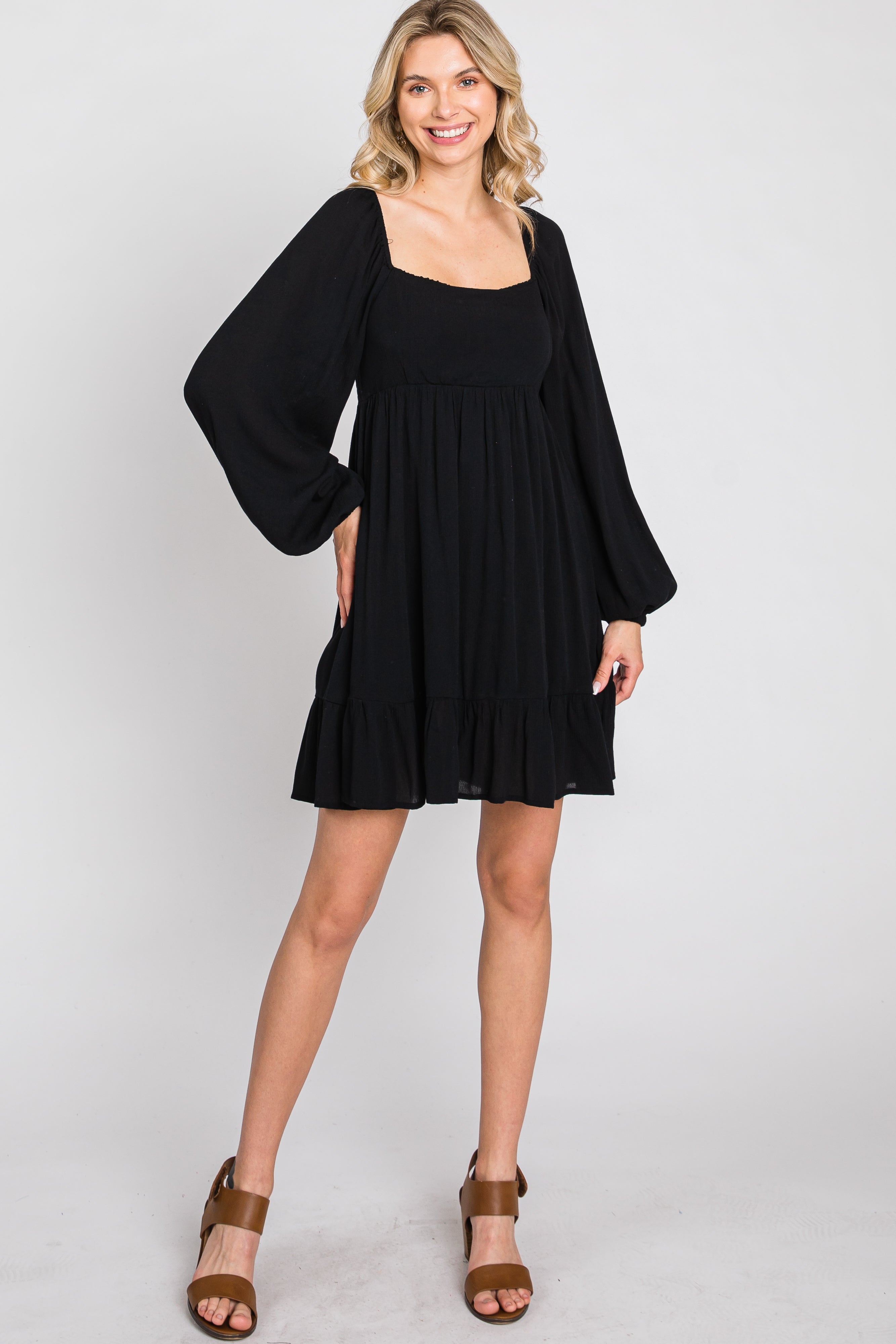 fitted lace wedding dress Black Long Sleeve Square Neck Dress – PinkBlush