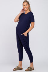 Navy Blue Basic Short Sleeve Maternity Jumpsuit
