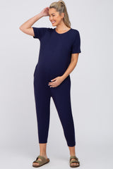 Navy Blue Basic Short Sleeve Maternity Jumpsuit